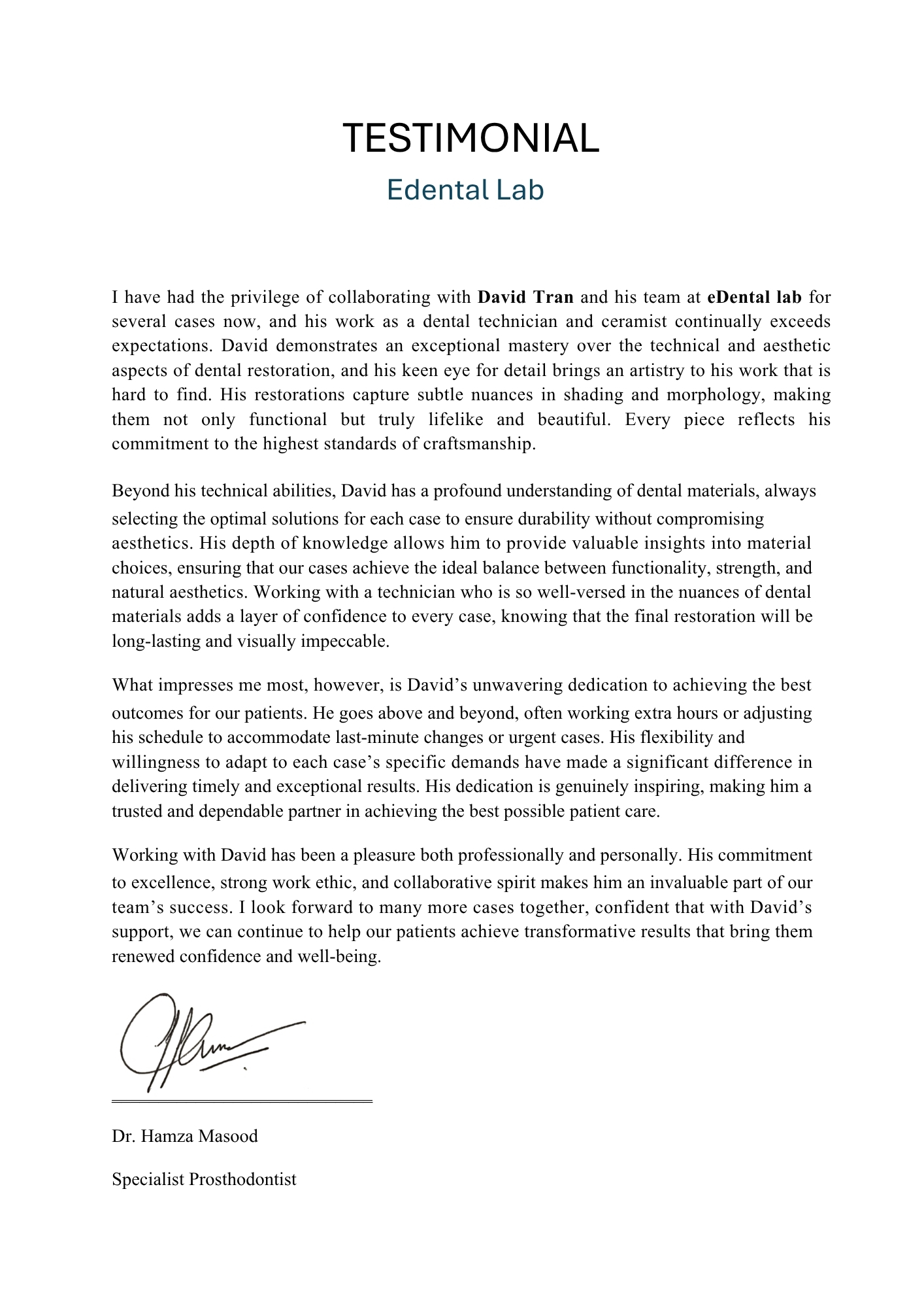 Prosthodontist - Dr Hamza Masood