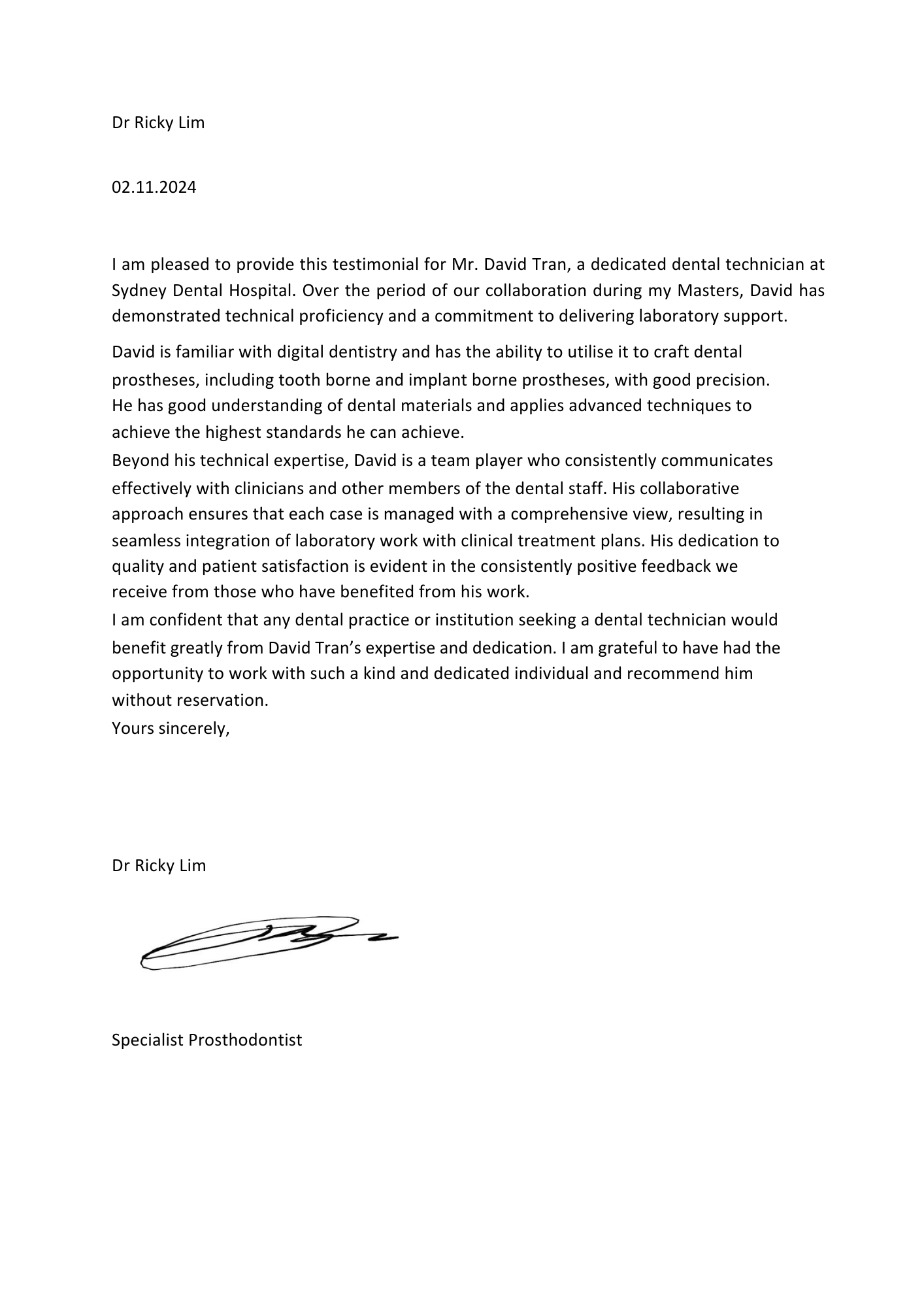 Prosthodontist - Dr Ricky Lim